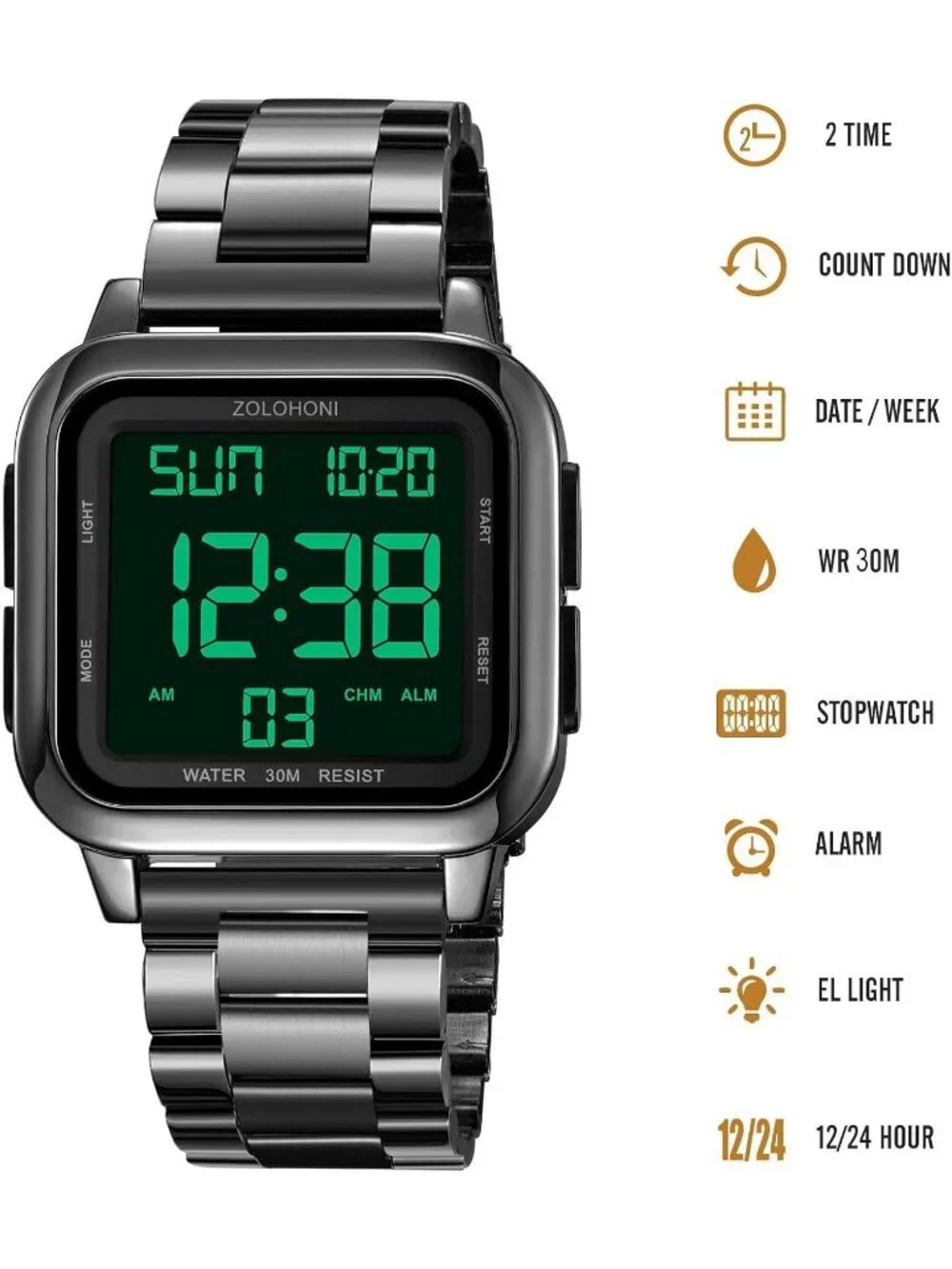 Men All Black Analog Quartz Stainless Steel Waterproof Square LED Digital Watch